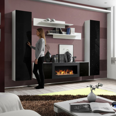 Tv-meubel met open haard woonkamer design wandplanken wandkast hout