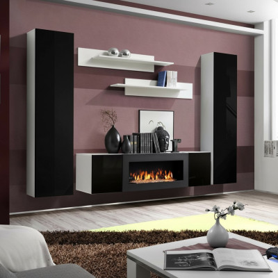 Tv-meubel met open haard woonkamer design wandplanken wandkast hout