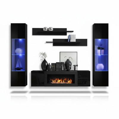 Ontwerper Zwarte woonwand Houten meubels Hangende vitrine Luxe dressoir Wandplanken