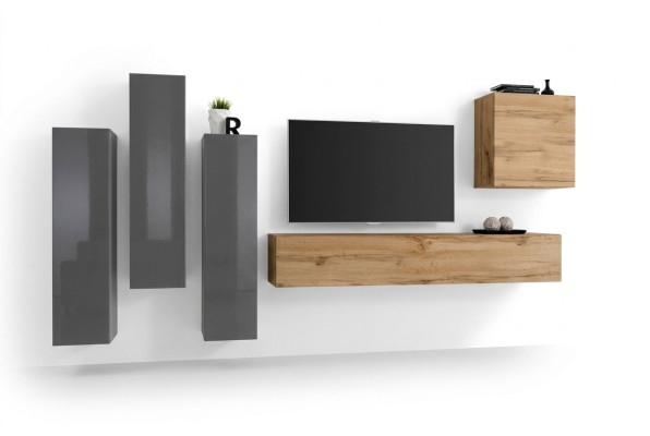Modern woonwanden set 5-delig woonkamer grijs hout meubels kast tv-standaard nieuw