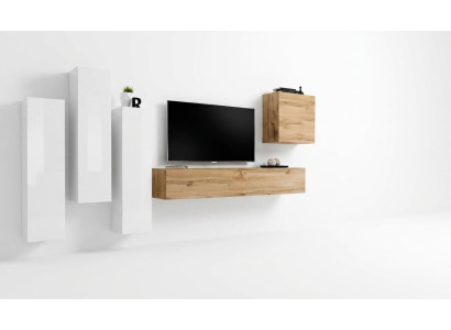 Moderne tv-standaard van hout, bruin woonkamermeubilair, nieuwe wandkast, woonkamerwand.