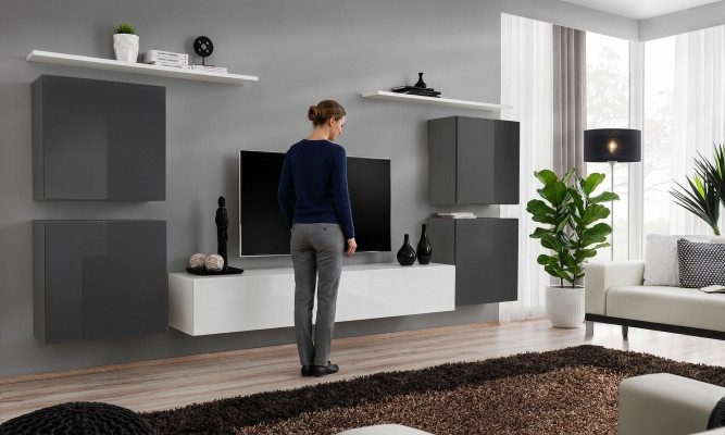 Woonkamer wit Woonkamer set Wandplank TV-standaard Houten meubels 2x Vitrine Woonkamer