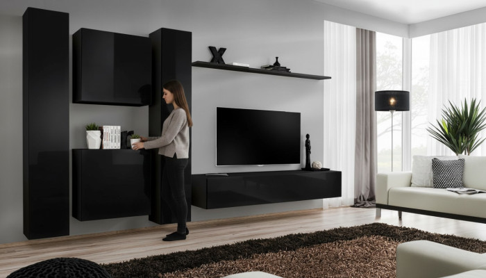 Zwart woonwand tv-standaard luxe woonkamer meubilair compleet set 6-delig modern.