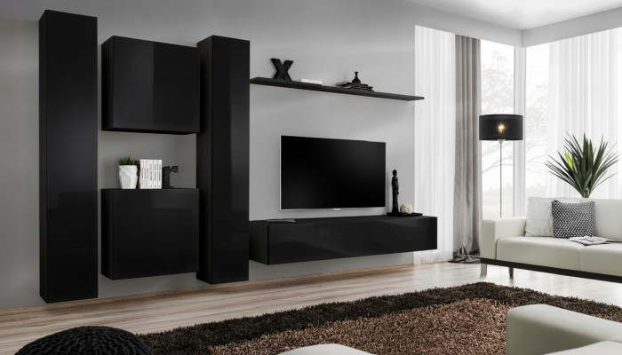 Zwart woonwand tv-standaard luxe woonkamer meubilair compleet set 6-delig modern.
