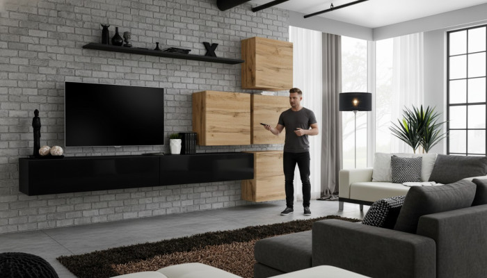 Set van 7 stuks. Woonkamer TV-standaard Hout Luxe Set Groep Wandkast