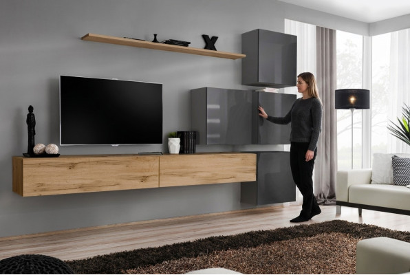 Luxe houten set TV-meubel hout woonkamer wandplank ontwerp