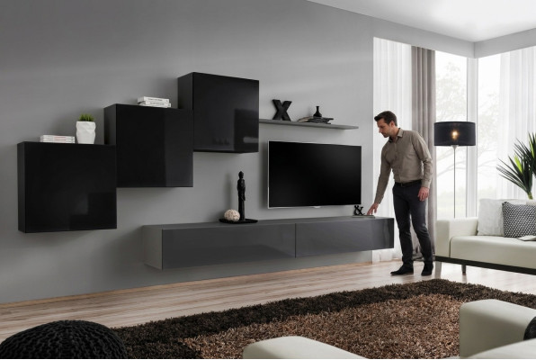 Woonkamerset Wandplank TV-standaard Grijs Luxe wandmeubel Ontwerp 6-delig. Nieuw woonkamerset Wandplank TV-standaard Grijs Luxe wandmeubel Ontwerp 6-delig. Nieuw