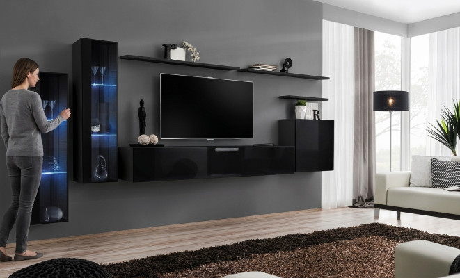 Zwarte woonkamerset woonkamer wandplank luxe vitrine compleet set