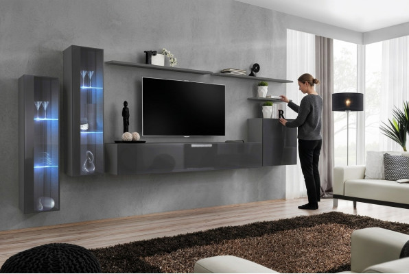 Grijze woonwand woonkamer wandplank tv-standaard luxe set meubels modern