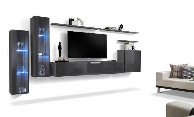 Grijze woonwand woonkamer wandplank tv-standaard luxe set meubels modern