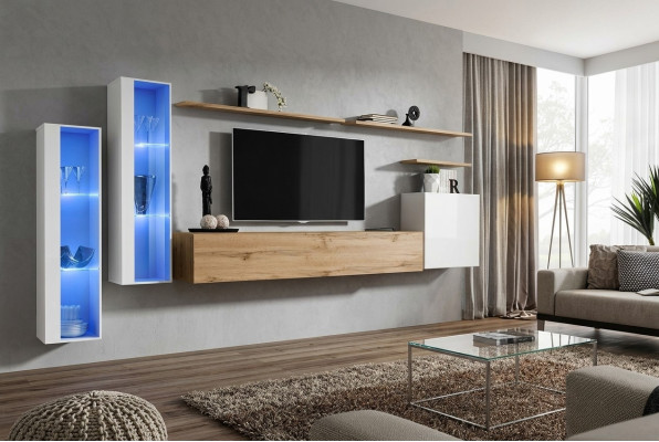 Moderne woonwand luxe houten wandplanken woonkamer meubels designinrichting