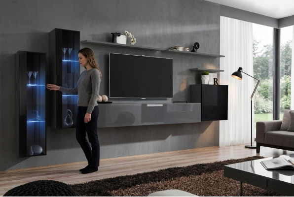 Woonkamer Hout Compleet Grijs TV-standaard Design 3x Wandkast Luxe Woonwand