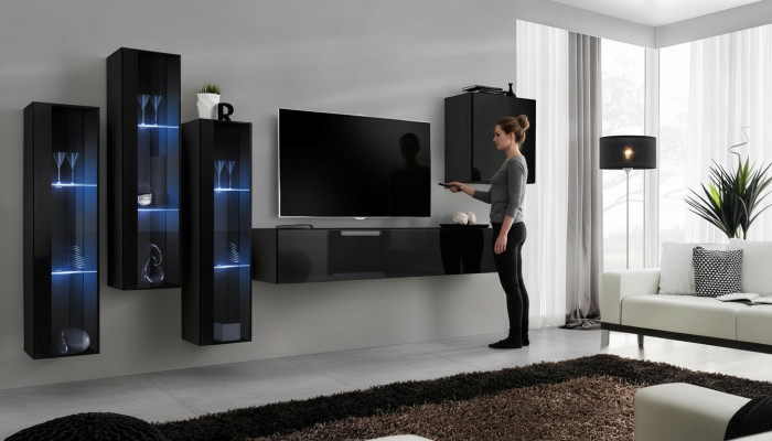 Zwart woonkamer wandmeubel set vitrinekast wandplank 5-delige inrichting.