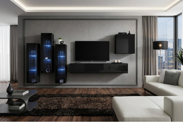 Zwart woonkamer wandmeubel set vitrinekast wandplank 5-delige inrichting.