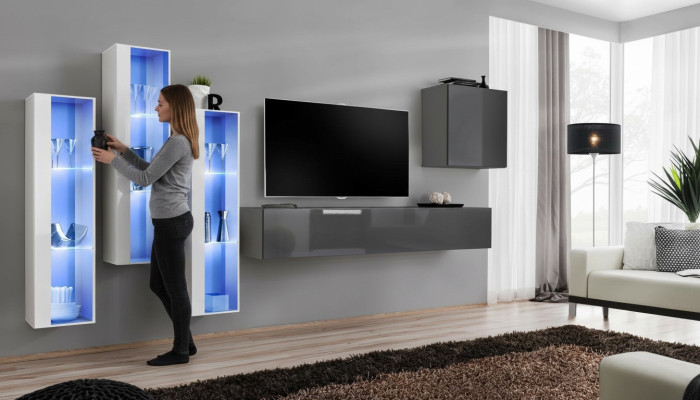 Wandmeubel Grijs Modern Hoogglans TV-standaard Houten meubilair Inrichting Set