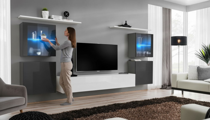 Wit hoogglans woonwand ontworpen wandkast wandrekken hout luxe meubels.