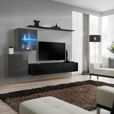 Woonkamer 2x muurkast inrichting hoogglans wandplank ontwerper houten meubels