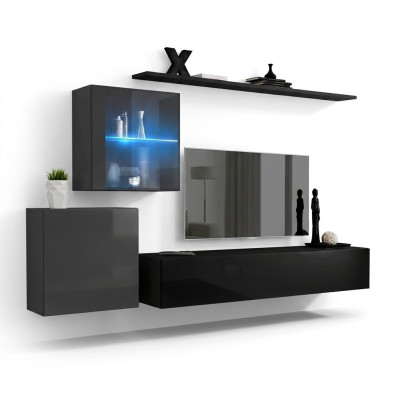 Woonkamer 2x muurkast inrichting hoogglans wandplank ontwerper houten meubels