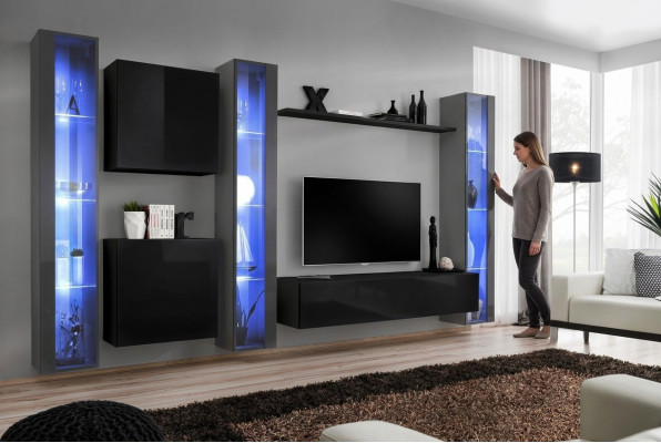 Houten meubel compleet woonkamer set muurkast luxe vitrine inrichting