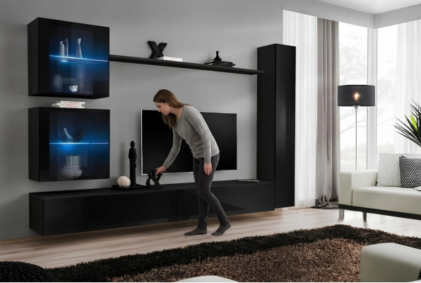 Zwart woonwand compleet set inrichting designer meubels tv-standaard modern