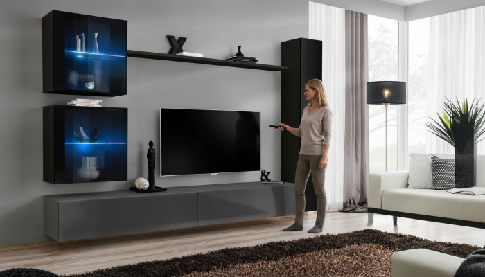 Luxe set designer woonkamer zwart inrichting 3x wandkast tv-standaard.