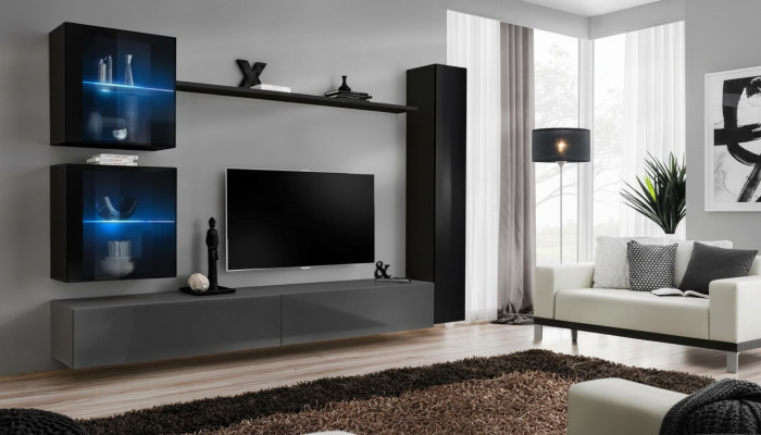 Luxe set designer woonkamer zwart inrichting 3x wandkast tv-standaard.