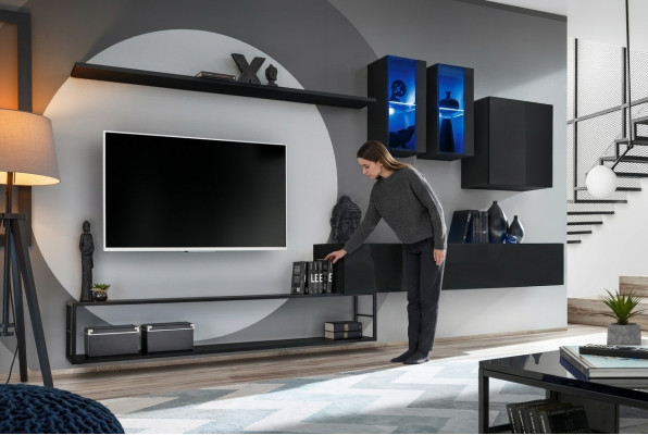 Ontwerper woonwand Zwart Modern Luxe TV-standaard Houten meubels Inrichting Garnituur