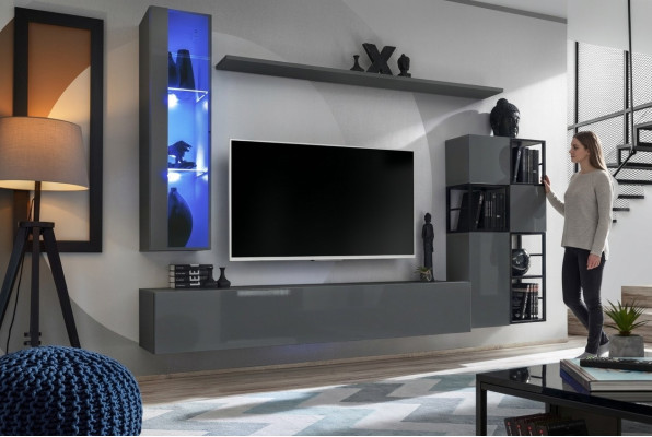 Ontwerper Grijze Woonwand Hangende Vitrine TV-standaard Compleet Hoogglans Dressoir