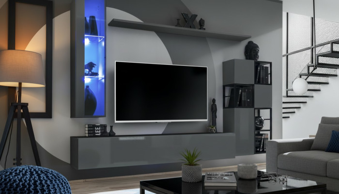 Ontwerper Grijze Woonwand Hangende Vitrine TV-standaard Compleet Hoogglans Dressoir