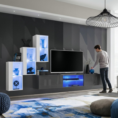 Grijze dressoir tv-standaard set woonwand compleet wandplanken wandkast
