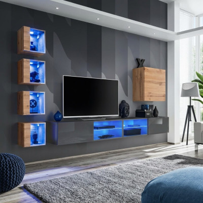 Woonkamer wandkast grijs modern meubilair tv-standaard wandkast planken: Woonkamer wandkast grijs modern meubels tv-standaard wandplanken