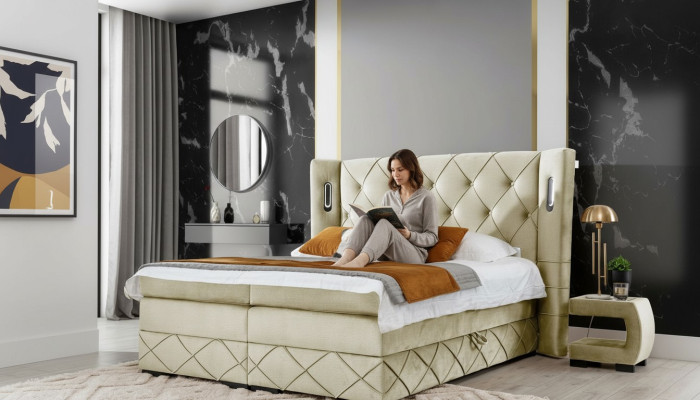 Beige Chesterfield gestoffeerd bed met nachtkastjes Luxe meubels