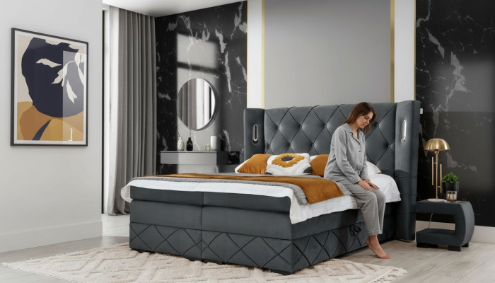 Slaapkamer bed dubbel textiel bedden bekleding compleet 2x nachtkastjes hout