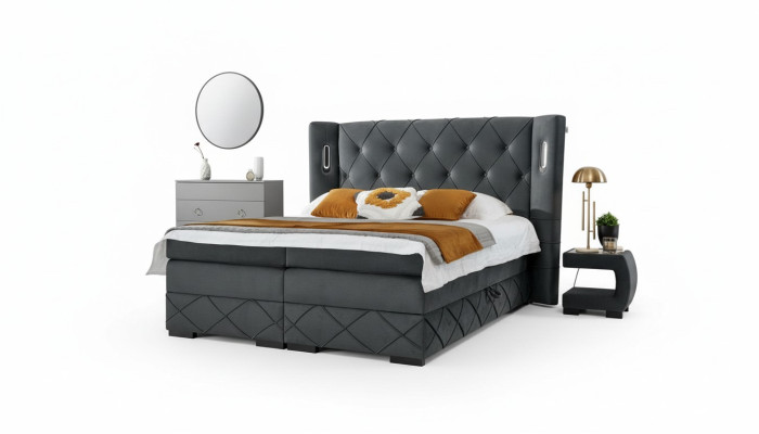 Slaapkamer bed dubbel textiel bedden bekleding compleet 2x nachtkastjes hout