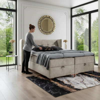Inrichting slaapkamer gestoffeerd luxe boxspringbed dubbele design meubels.