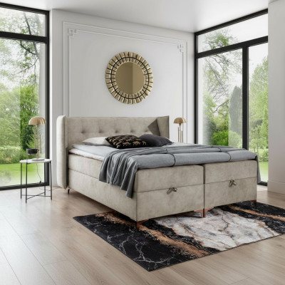 Inrichting slaapkamer gestoffeerd luxe boxspringbed dubbele design meubels.