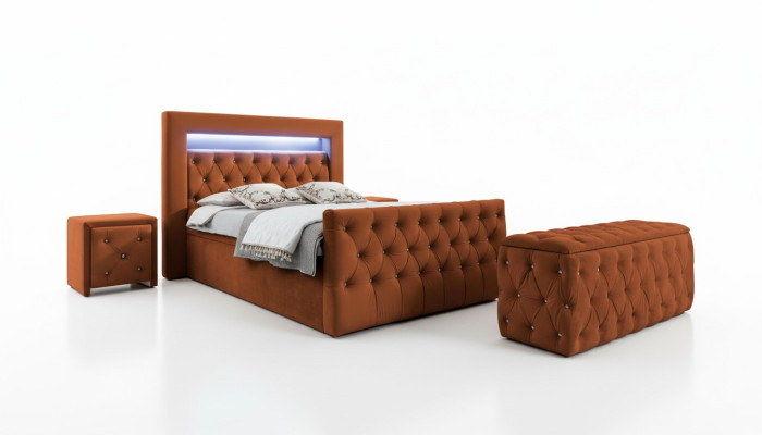 Chesterfield slaapkamerset textielbed 2 houten nachtkastjes krukje