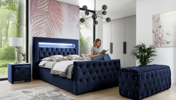 Donkerblauwe Chesterfield slaapkamer meubels LED-tweepersoonsbed nachtkastjes