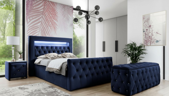 Donkerblauwe Chesterfield slaapkamer meubels LED-tweepersoonsbed nachtkastjes