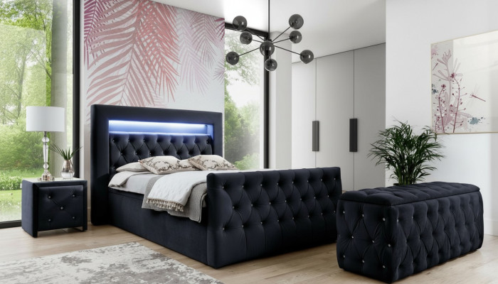 Zwart Chesterfield LED-stoffen bed 2x houten nachtkastjes krukje 4-delig