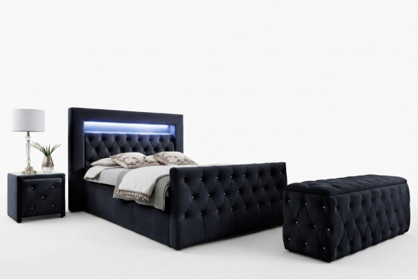Zwart Chesterfield LED-stoffen bed 2x houten nachtkastjes krukje 4-delig