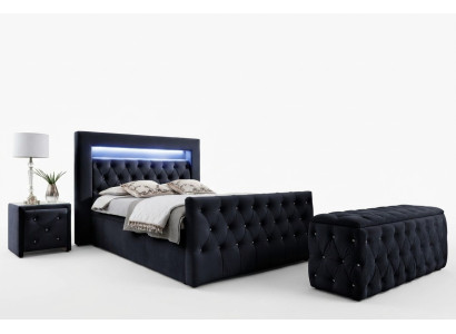 Zwart Chesterfield LED-stoffen bed 2x houten nachtkastjes krukje 4-delig