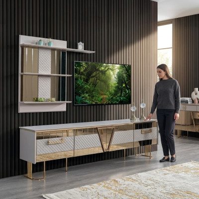 Modern design grijze woonkamer houten muurrekken complete tv-standaard meubels.
