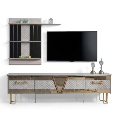 Modern design grijze woonkamer houten muurrekken complete tv-standaard meubels.