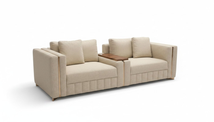 Moderne woonkamerbank tweezits beige textiel gestoffeerd meubilair inrichting ontwerp