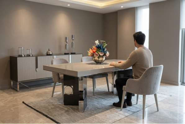 Eetkamer Design Set 6 delig - Design Eettafel met 4 stoelen en een modern dressoir