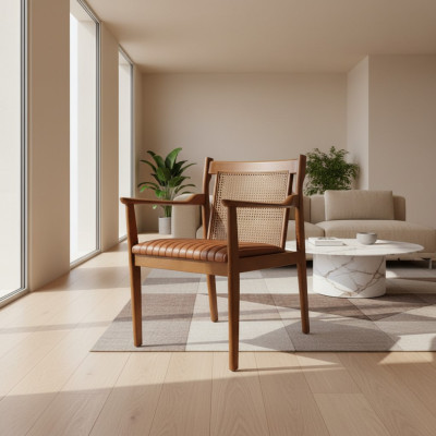 Moderne houten armleuningstoel met lederen bekleding voor nieuw meubilair.