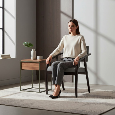 Stoel met armleuningen Gestoffeerde zitting Eetkamer Houten design Luxe stijl Nieuw