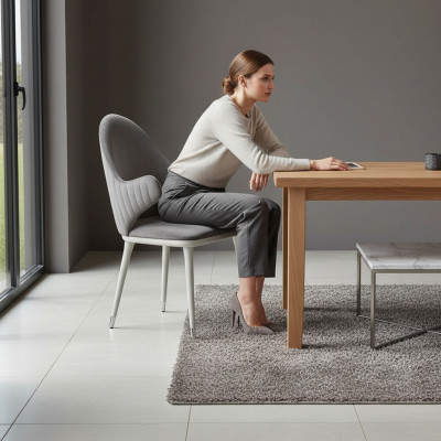 Grijze stoel met armleuningen, modern eetkamer luxe design meubels.