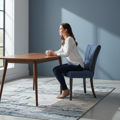 Moderne stoel blauw meubel ontwerper inrichting luxe eetkamer gestoffeerde zitting